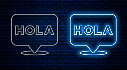 Glowing neon line Hola icon isolated on brick wall background. Vector. © vector_v