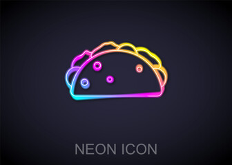 Glowing neon line Taco with tortilla icon isolated on black background. Traditional mexican fast food menu. Vector.