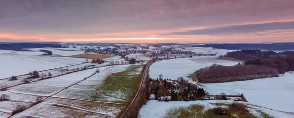 Aluminium Prints Lavender Pfaffenhofen Ilm Snow landscape view from Top