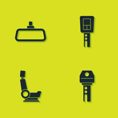 Set Car mirror, key with remote, seat and icon. Vector.