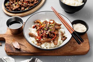 Homemade barbecue korean beef bulgogi with white rice.