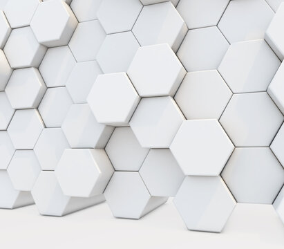 3D abstract background with a wall of extruding hexagons