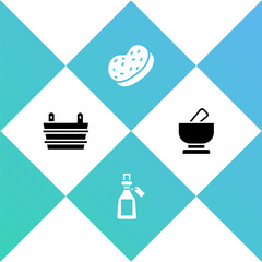 Set Sauna bucket, Essential oil bottle, Bath sponge and Mortar and pestle icon. Vector.