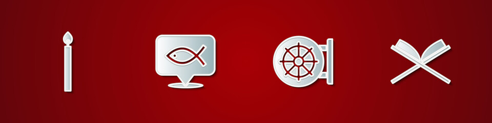 Set Burning candle, Christian fish, Dharma wheel and Holy book of Koran icon. Vector.