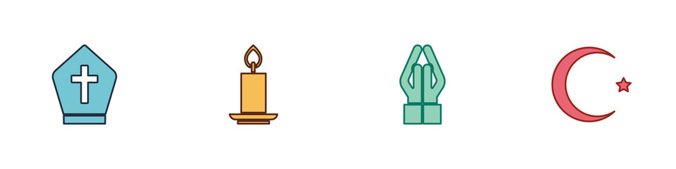 Set Pope hat, Burning candle, Hands praying position and Star crescent icon. Vector.