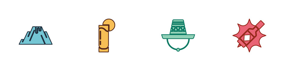Set Volcano eruption with lava, Tequila glass lemon, Mexican sombrero and Tabasco sauce icon. Vector.