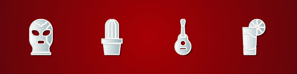 Set Mexican wrestler, Cactus or succulent in pot, guitar and Tequila glass with lemon icon. Vector.