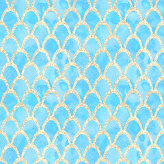 Fish scale decorative watercolor vintage style glow glitter seamless pattern  © onanana