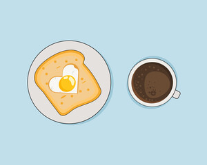 Love concept: Top view of Bread and fried egg in heart shape and a cup of hot coffee. Cartoon vector style for your design about valentine concept.