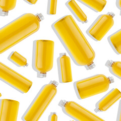 Seamless pattern of plastic cosmetic bottles different shape and size with orange liquid, cosmetic oil or drink with shadow, isolated.