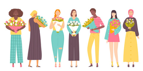 Collection of different female characters with bouquets of flowers.Set of people on a white background. International Women's Day, Birthday, Valentine's day, gift.. Vector illustration in flat style.