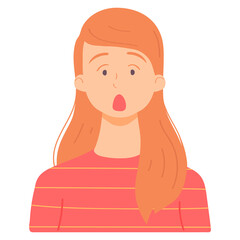 Surprise girl avatar. Female emotions. Flat cartoon character isolated on white background. Vector illustration.