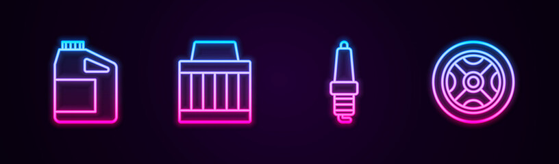 Set line Canister for motor oil, Car air filter, spark plug and wheel. Glowing neon icon. Vector.