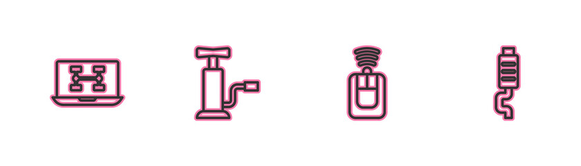 Set line Diagnostics condition of car, Car key with remote, air pump and muffler icon. Vector.