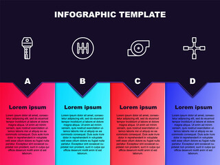 Set line Car key with remote, Gear shifter, Automotive turbocharger and Wheel wrench. Business infographic template. Vector.