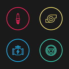 Set line Check engine, Steering wheel, Automotive turbocharger and Car spark plug icon. Vector.