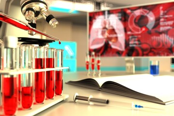 Medical 3D illustration, laboratory proofs vials in study facility - blood test for virus (like covid-19) concept