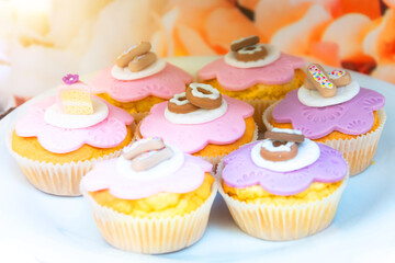 Pastry cupcakes with frosting in the form of pastry cakes and sweets