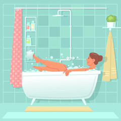 Naklejka premium Happy woman takes a bath with salt and foam in the bathroom. Daily hygiene procedures