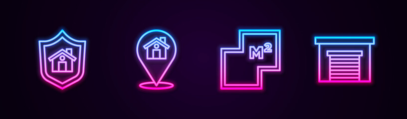 Set line House with shield, Location house, plan and Garage. Glowing neon icon. Vector.