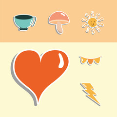 heart and cute stickers icon set vector design