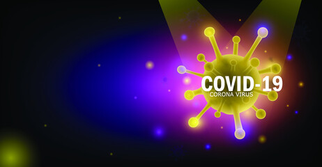 Image of Flu COVID-19 virus cell under the microscope on the blood.Coronavirus Covid-19 influenza banner background.Pandemic medical health crisis disease cell as a 3D render.Social distancing at home