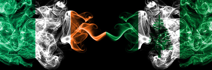 Republic of Ireland, Irish vs Australia, Australian, Norfolk Island smoky mystic flags placed side by side. Thick colored silky abstract smoke flags.