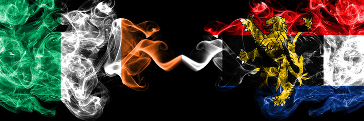 Republic of Ireland, Irish vs Benelux smoky mystic flags placed side by side. Thick colored silky abstract smoke flags.