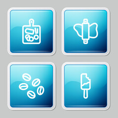 Set line Cutting board, Rolling pin on dough, Coffee beans and Ice cream icon. Vector.