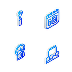 Set Isometric line Saint Patricks day calendar, Bottle opener, Happy hour and Cold beer can icon. Vector.