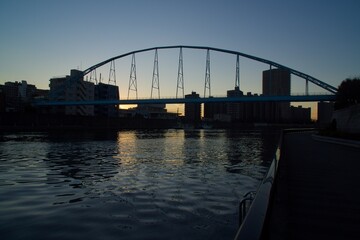 荒川区　千住大橋　旧隅田川防潮堤　隅田川夕景