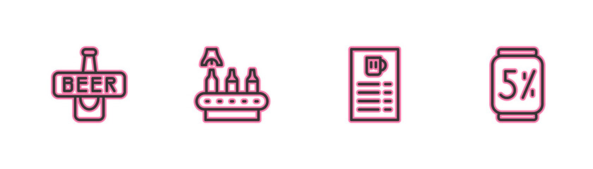 Set line Beer bottle, menu, Conveyor band, beer and can icon. Vector.
