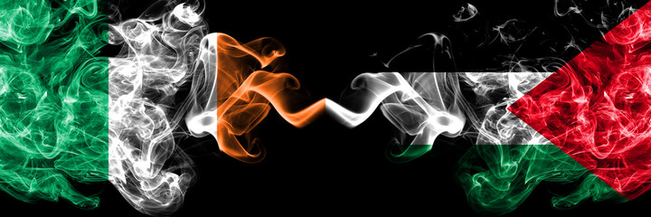 Republic of Ireland, Irish vs Palestine, Palestinian smoky mystic flags placed side by side. Thick colored silky abstract smoke flags.
