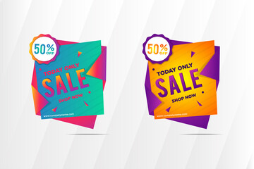 orange and green shopping label, cheap product marketing emblem, limited sale offer square promotion decoration element with emblem advertising discount sticker realistic vector isolated illustration