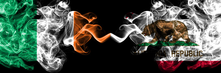 Republic of Ireland, Irish vs United States of America, America, US, USA, American, California, Californian smoky mystic flags placed side by side. Thick colored silky abstract smoke flags.