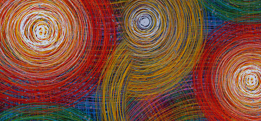 Abstract colorful lines circles painting on canvas.
