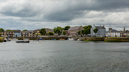 View of Claddagh facing the Corrib River where it interconnects with Galway Bay seen from the so-called Spanish Arch, Waterways of Galway, cloudy day in Galway, Connacht province, Ireland