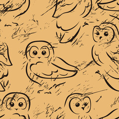 Vector seamless pattern with owls in old retro style. Vintage pattern grunge design. Owl texture on craft paper. Retro texture. Cute owlet pet