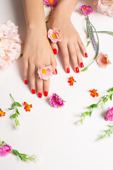 Obraz na płótnie Canvas Well-groomed women's hands with red manicure against the background of bright colors photo for the master of manicure and pedicure. High quality photo