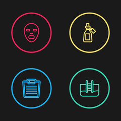 Set line Bathroom scales, Swimming pool with ladder, Essential oil bottle and Facial cosmetic mask icon. Vector.