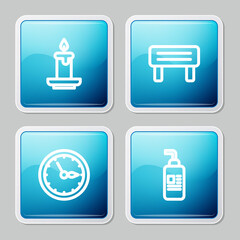 Set line Aroma candle, Sauna wood bench, clock and Cream or lotion cosmetic tube icon. Vector.