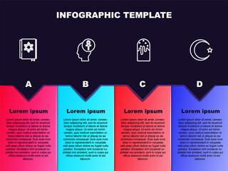Set line Jewish torah book, Cross ankh, Easter cake and Star and crescent. Business infographic template. Vector.