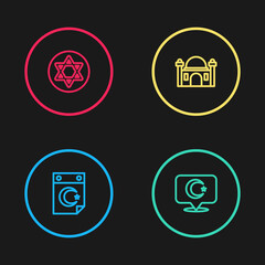Set line Star and crescent, , Muslim Mosque and of David icon. Vector.