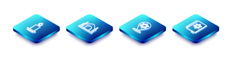 Set Isometric line Burning candle, Hindu spiritual temple, Star of David and Jewish torah book icon. Vector.