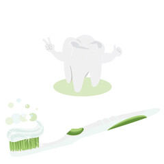 Cartoon image white teeth that look healthy .Very Strong Muscle Healthy Tooth  With A toothbrush with toothpaste on top on white background .Vector illustration flat design.Idea for dental or cosmetic
