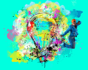 Man draws with spray a big stylized light bulb on cyan background. Concept of innovation and creativity