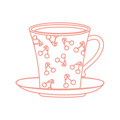 tea and coffee cup with cherries painted icon line style
