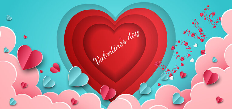 Valentine's day background. Hearts pink and blue papaer cut card on blue background. Decor clouds and plane with space for text.