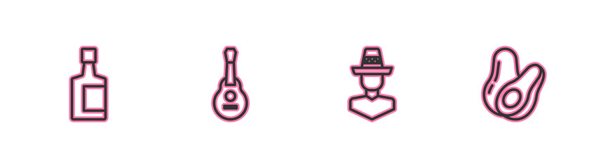 Set line Tequila bottle, Mexican man sombrero, guitar and Avocado fruit icon. Vector.