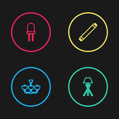 Set line Chandelier, Floor lamp, Fluorescent and Light emitting diode icon. Vector.
